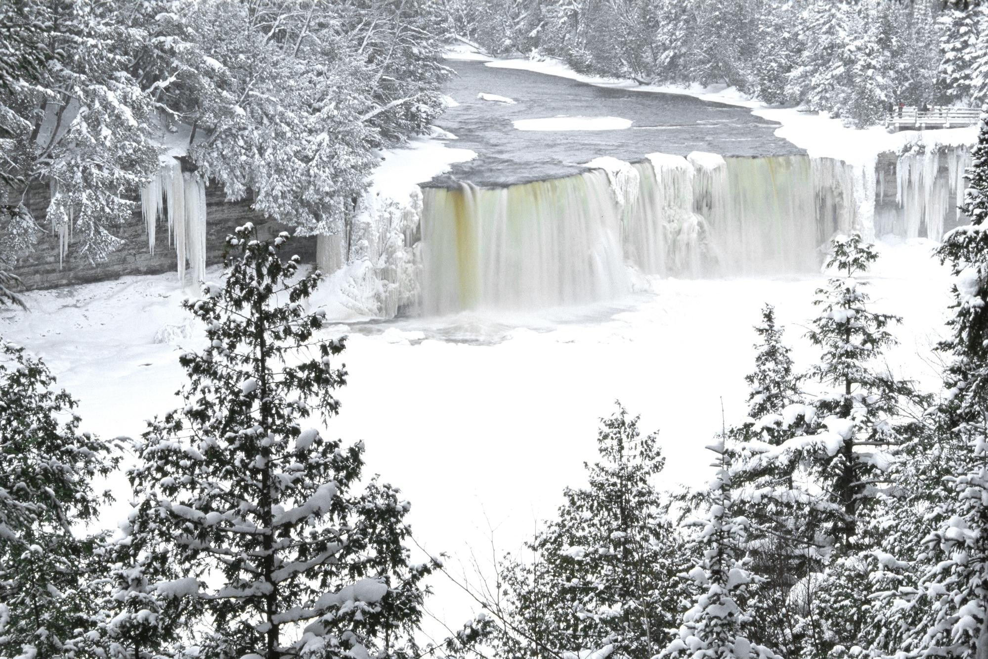 Snowy waterfall in winter