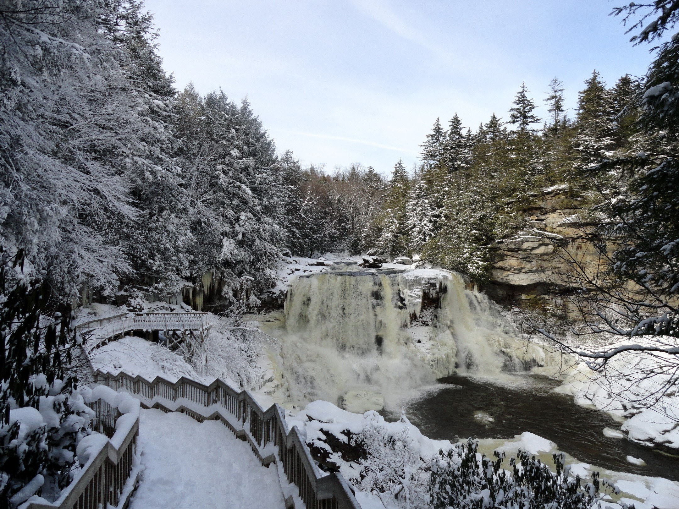 Snowy waterfall in winter