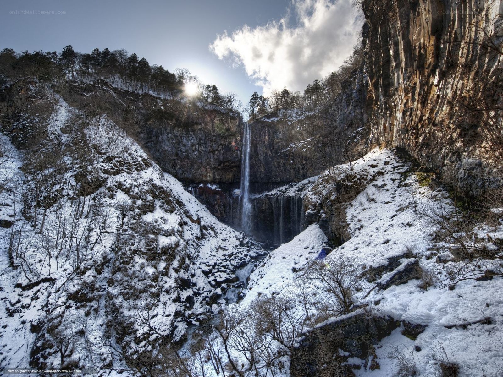 Snowy waterfall in winter