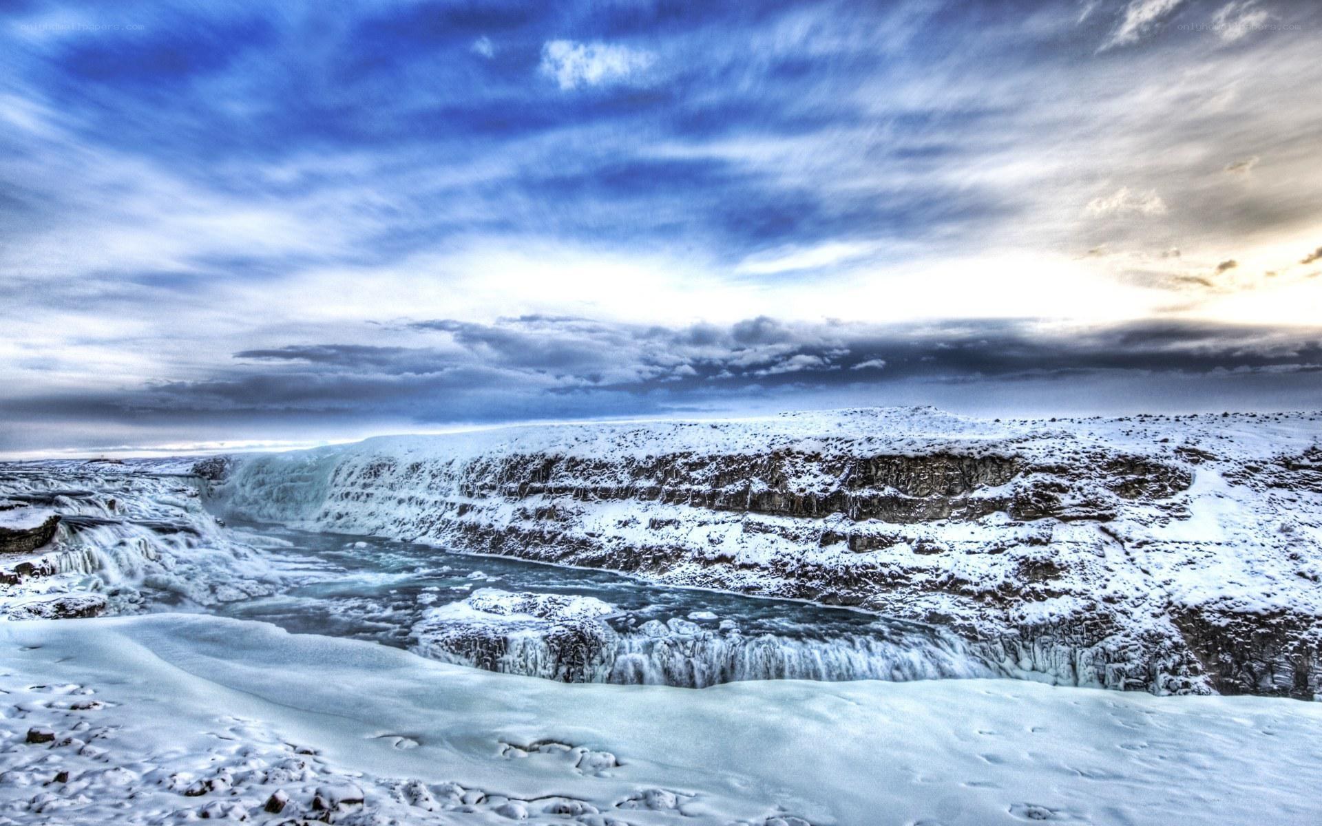 Snowy waterfall landscape