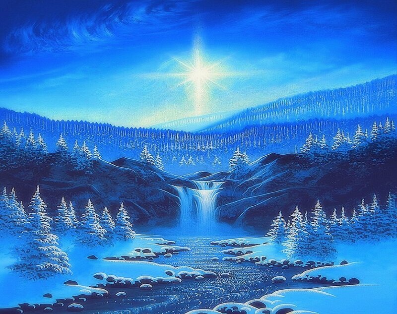 Snowy Waterfall Landscape — Blue, Serene