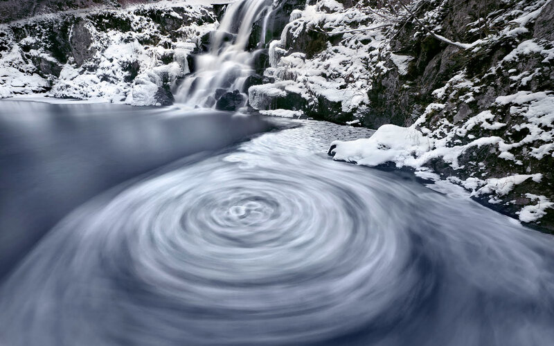 Snowy waterfall with swirling water