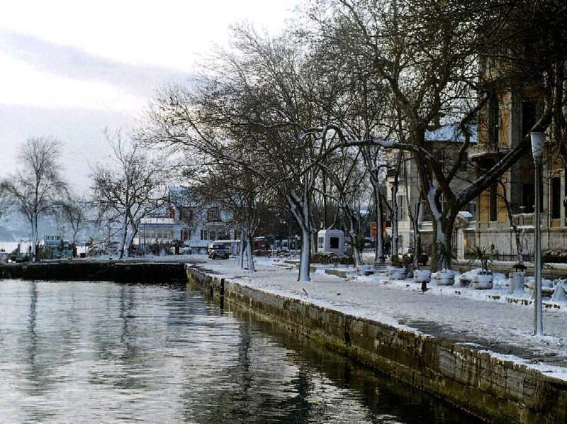 Snowy waterfront scene