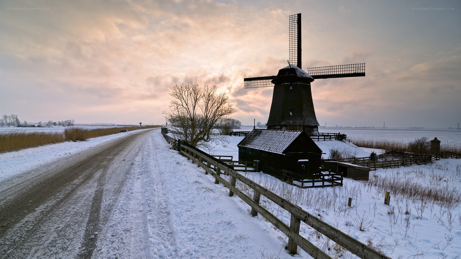 Snowy windmill at sunset