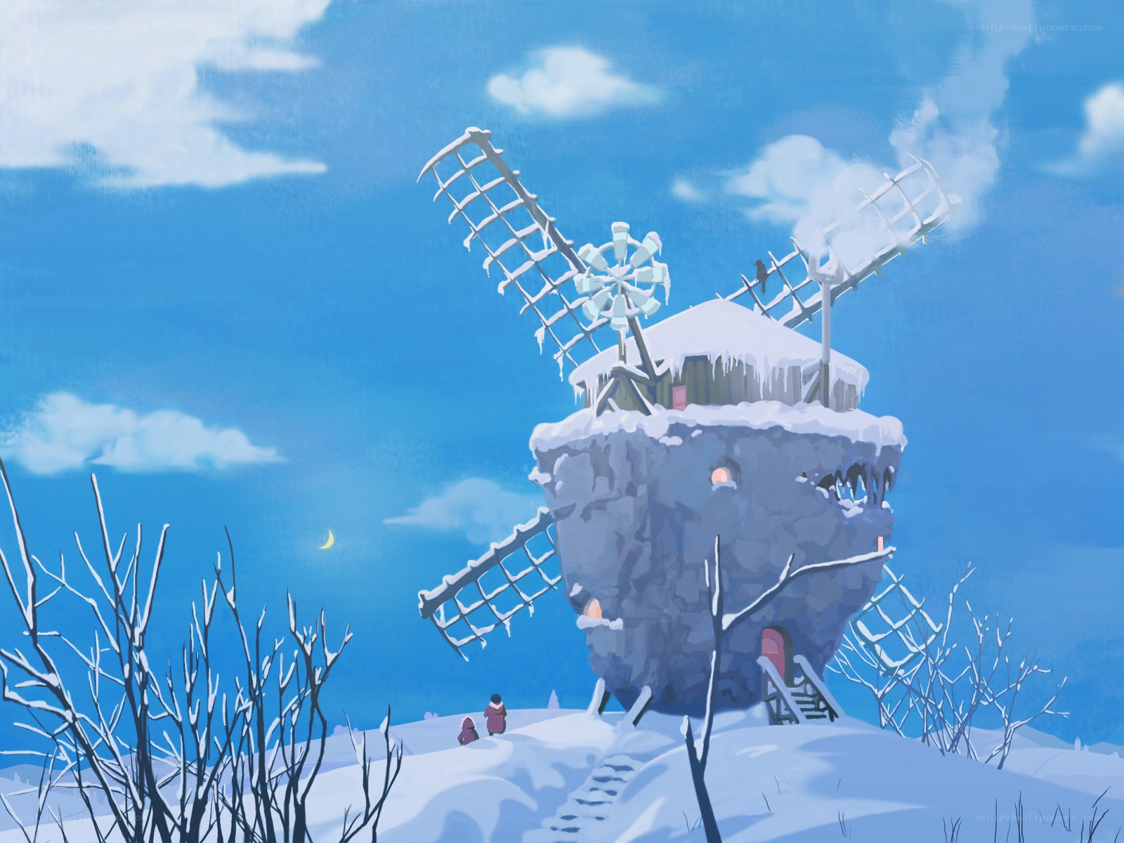 Snowy windmill on a hill