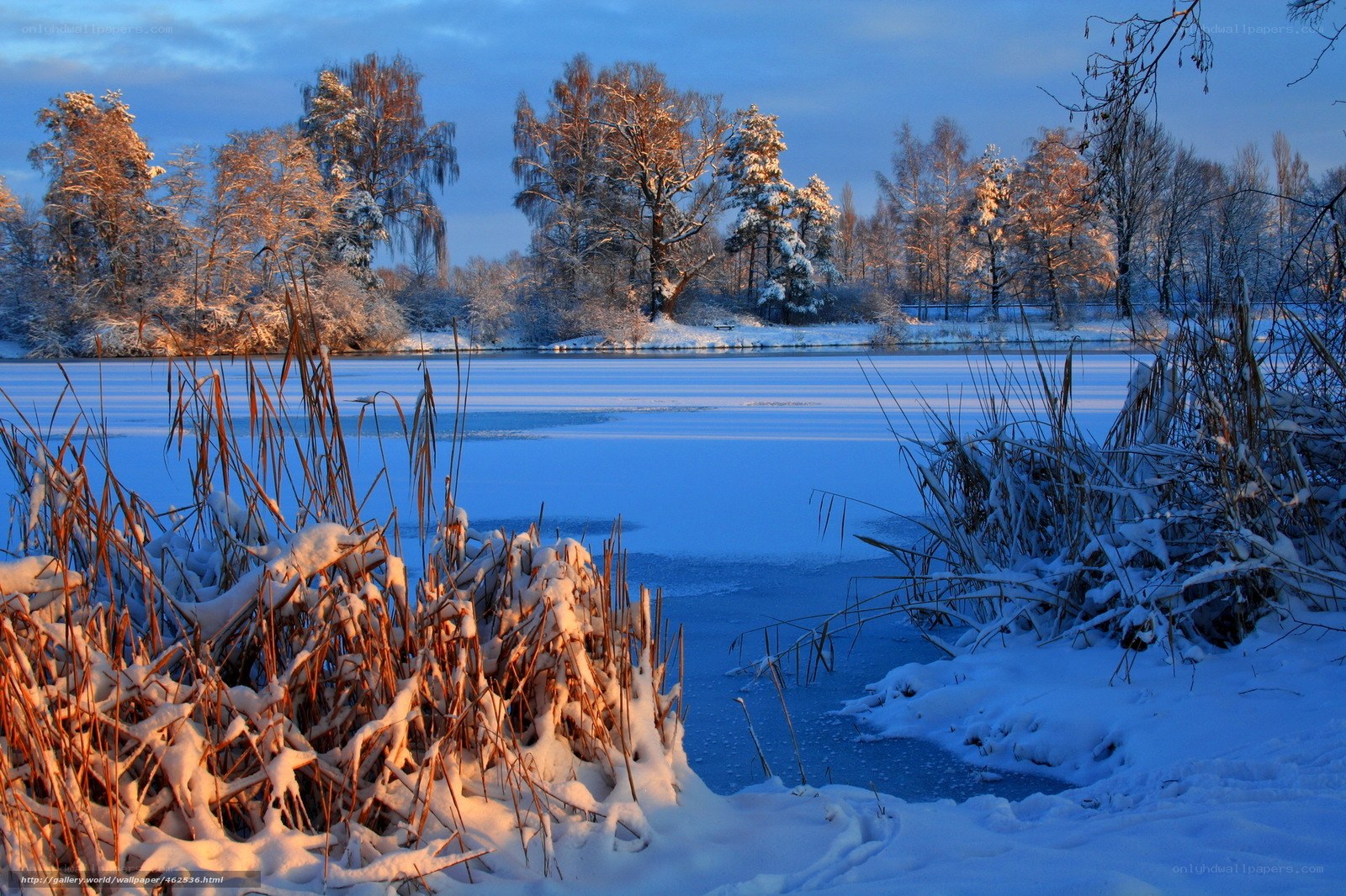 Snowy winter lake at sunset