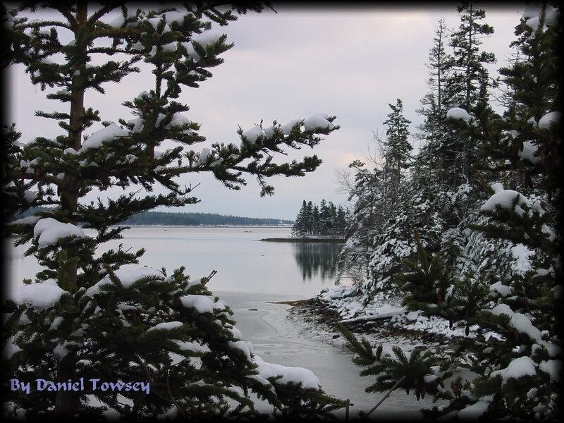Snowy winter lake scene