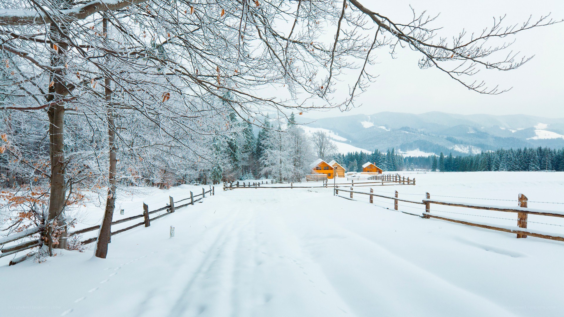 Snowy winter landscape with cabins