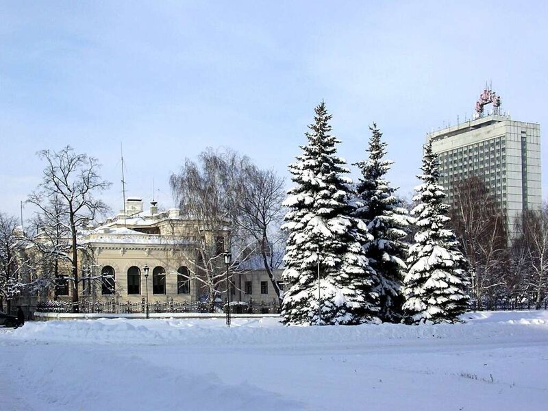 Snowy winter scene with buildings