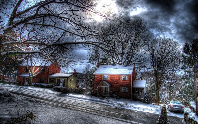 Snowy winter scene with houses