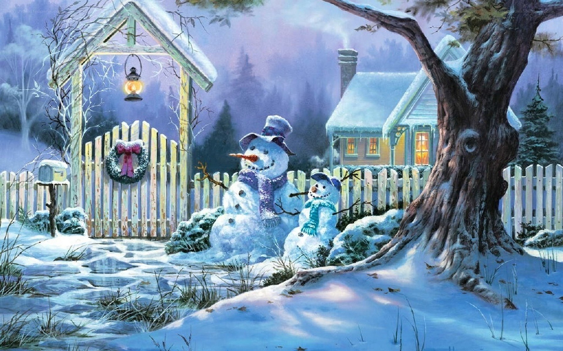 Snowy winter scene with snowmen