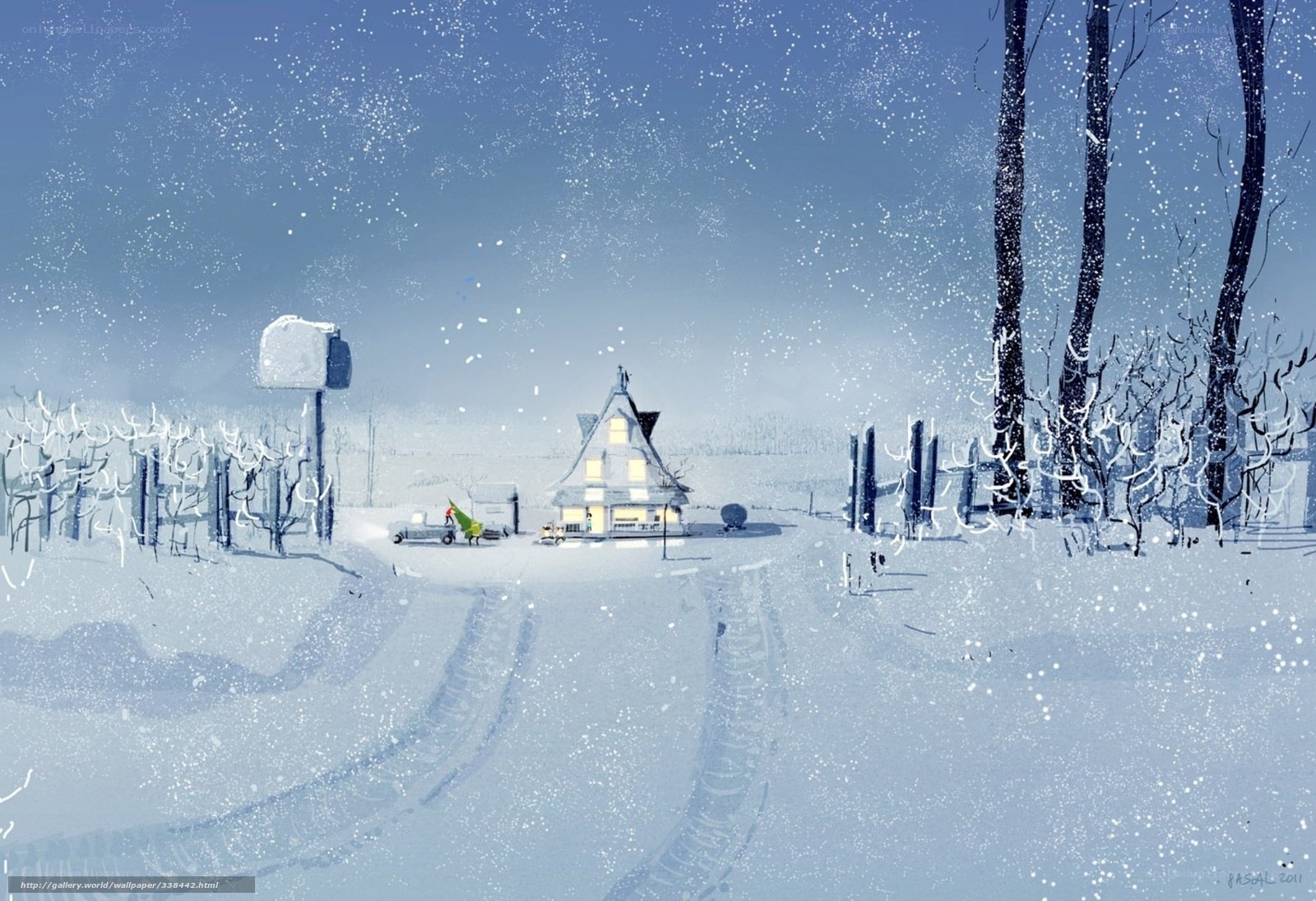 Snowy winter village scene