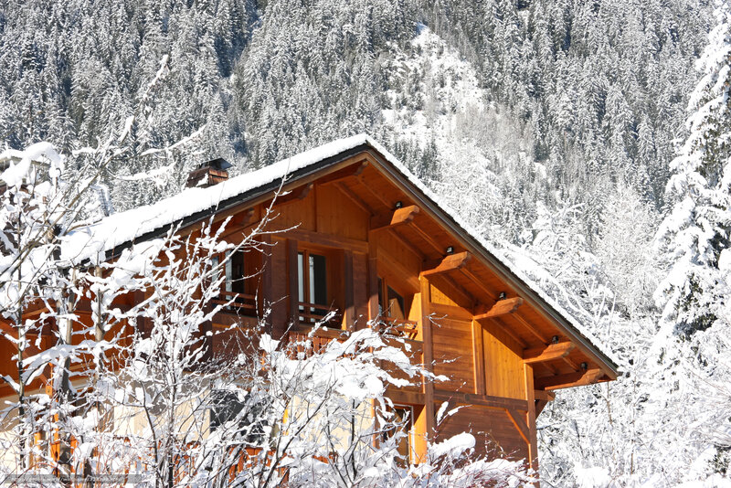 Snowy wooden cabin in forest