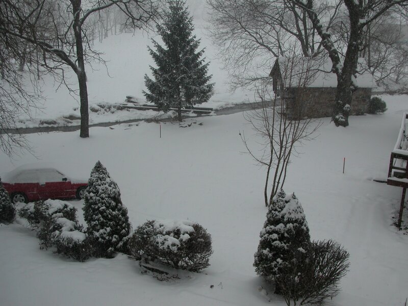 Snowy yard with red car