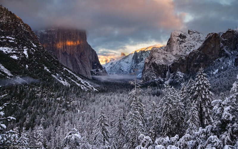 Snowy Yosemite Valley at Dawn