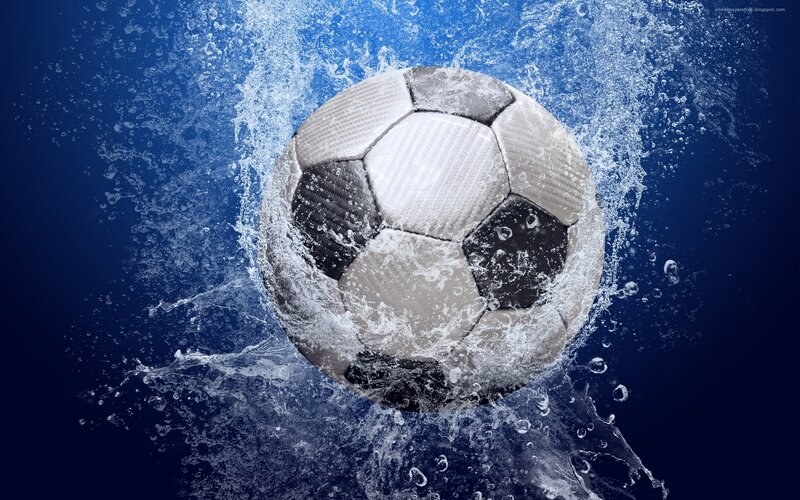 Soccer Ball in Water — Blue, Dynamic, Photograph, Splashes