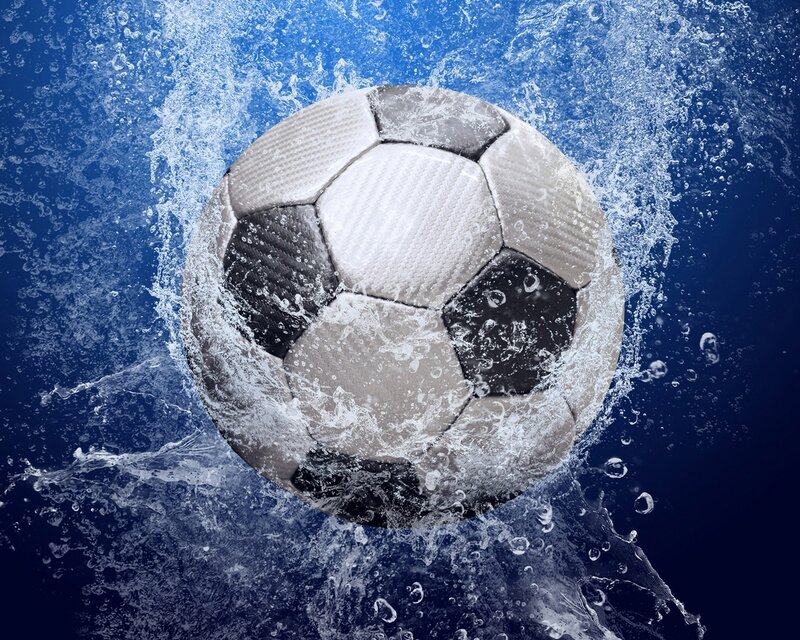 Soccer Ball in Water — Blue, Dynamic, Photograph