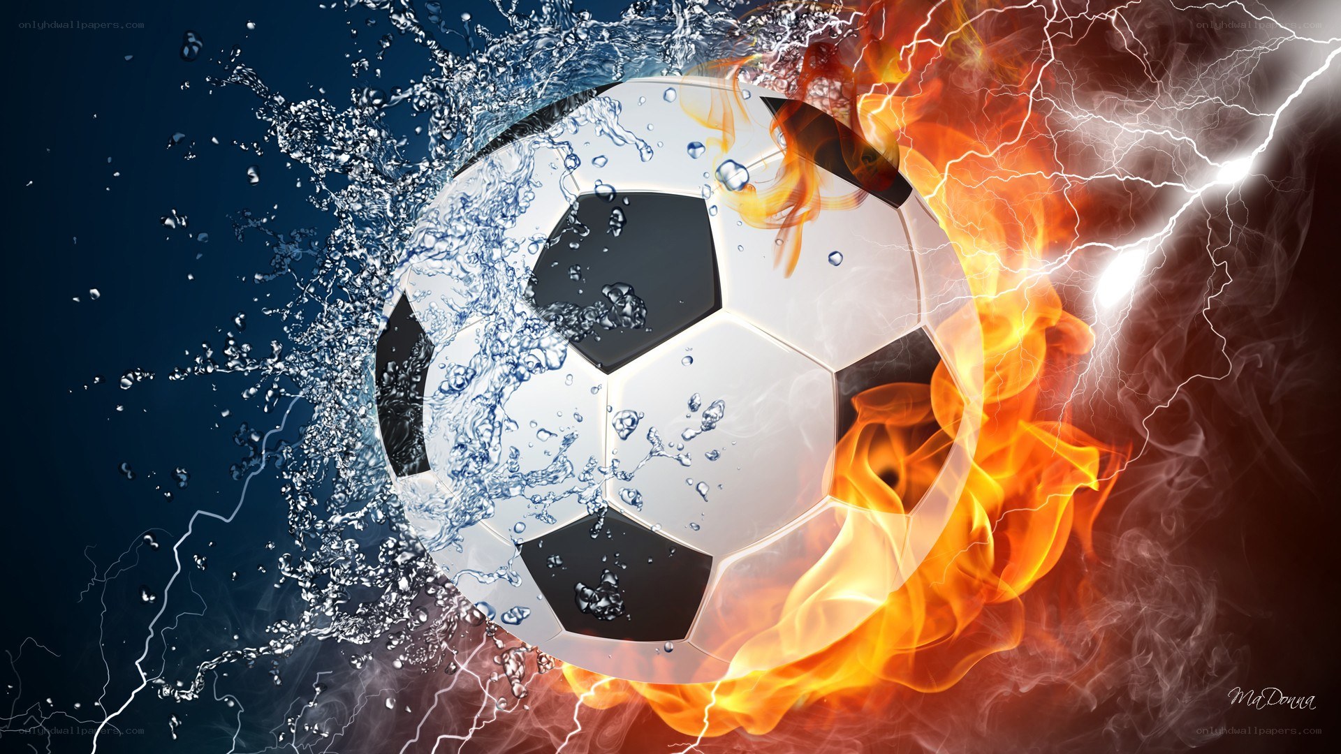 soccer ball with fire and water