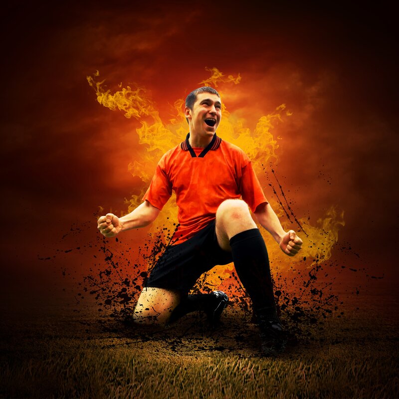 Soccer Player Celebrating — Orange, Dramatic, Digital Art