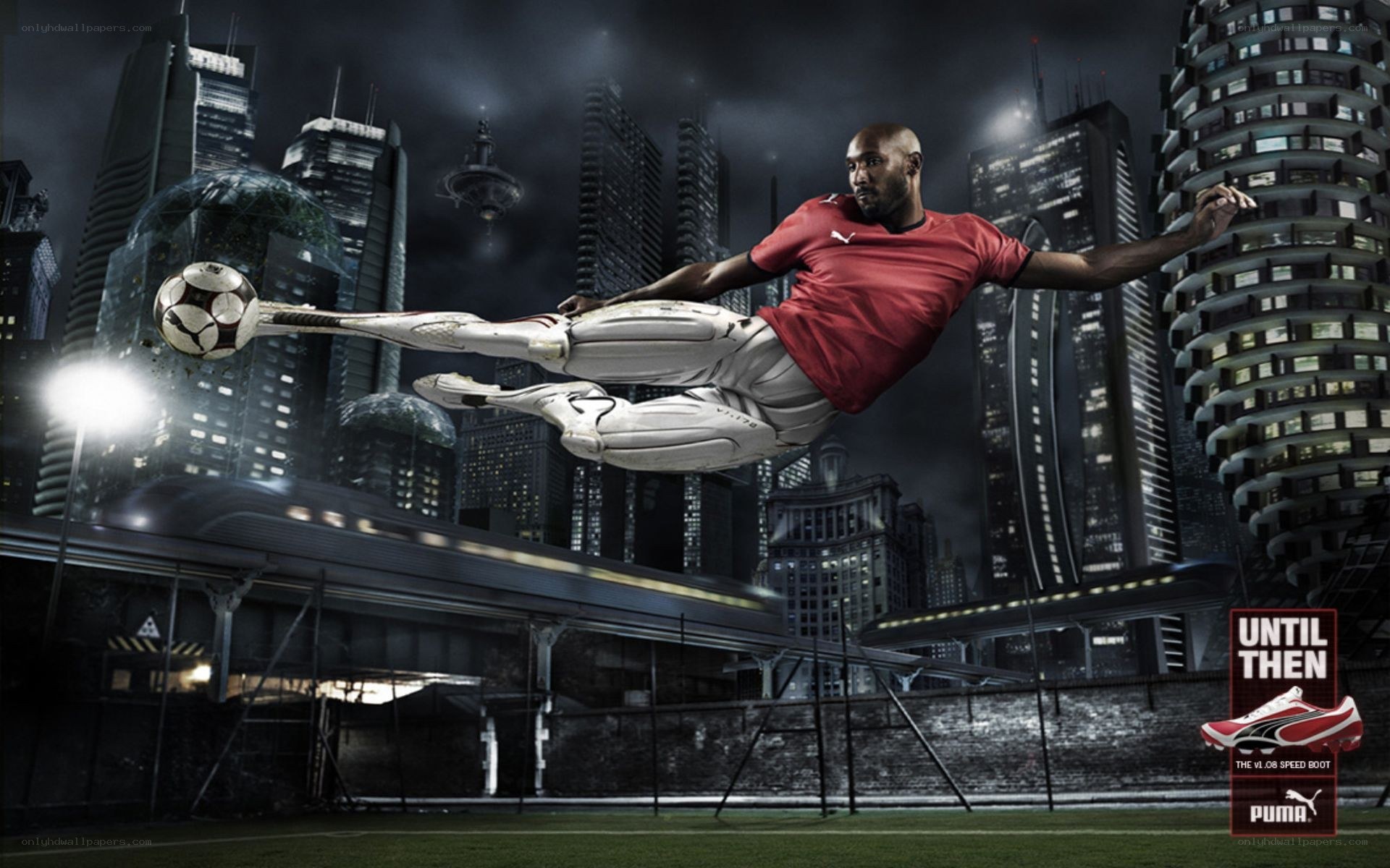 soccer player in futuristic city