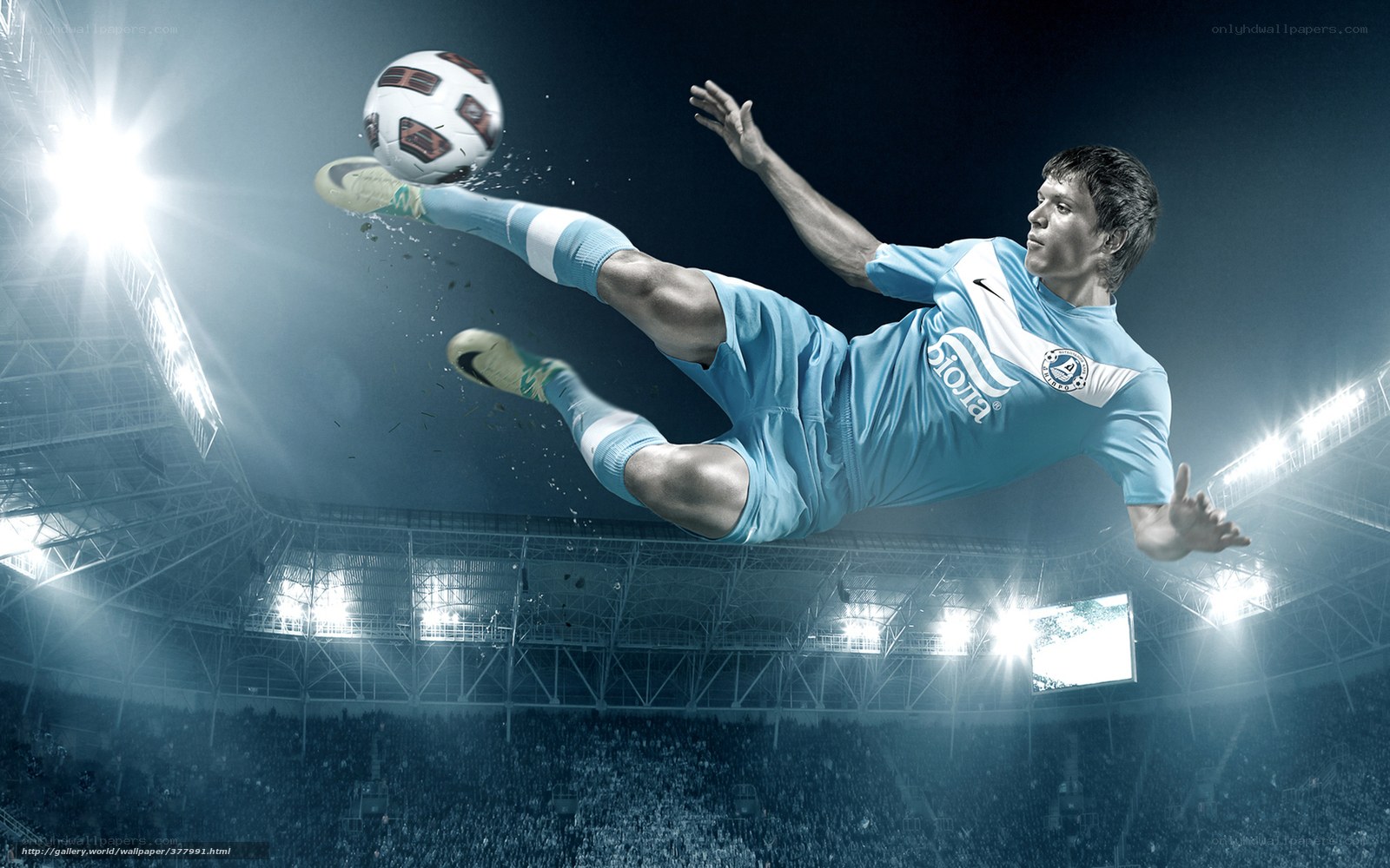 Soccer player in mid-air kick