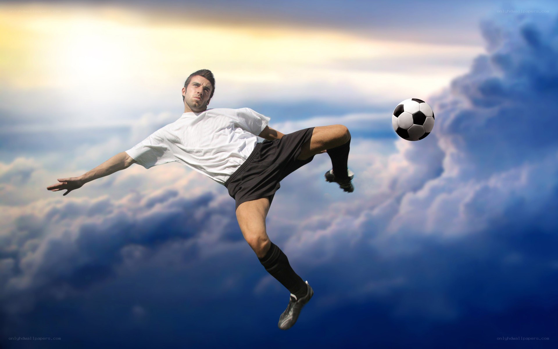 Soccer player in mid-air kick