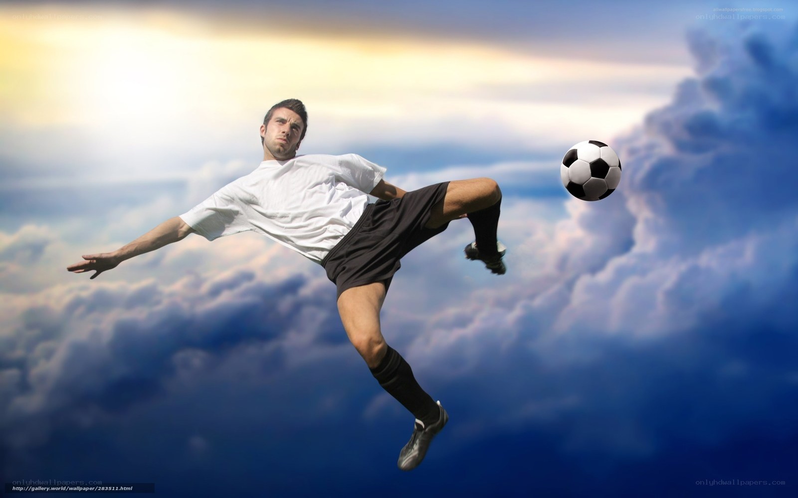 Soccer player in mid-air kick