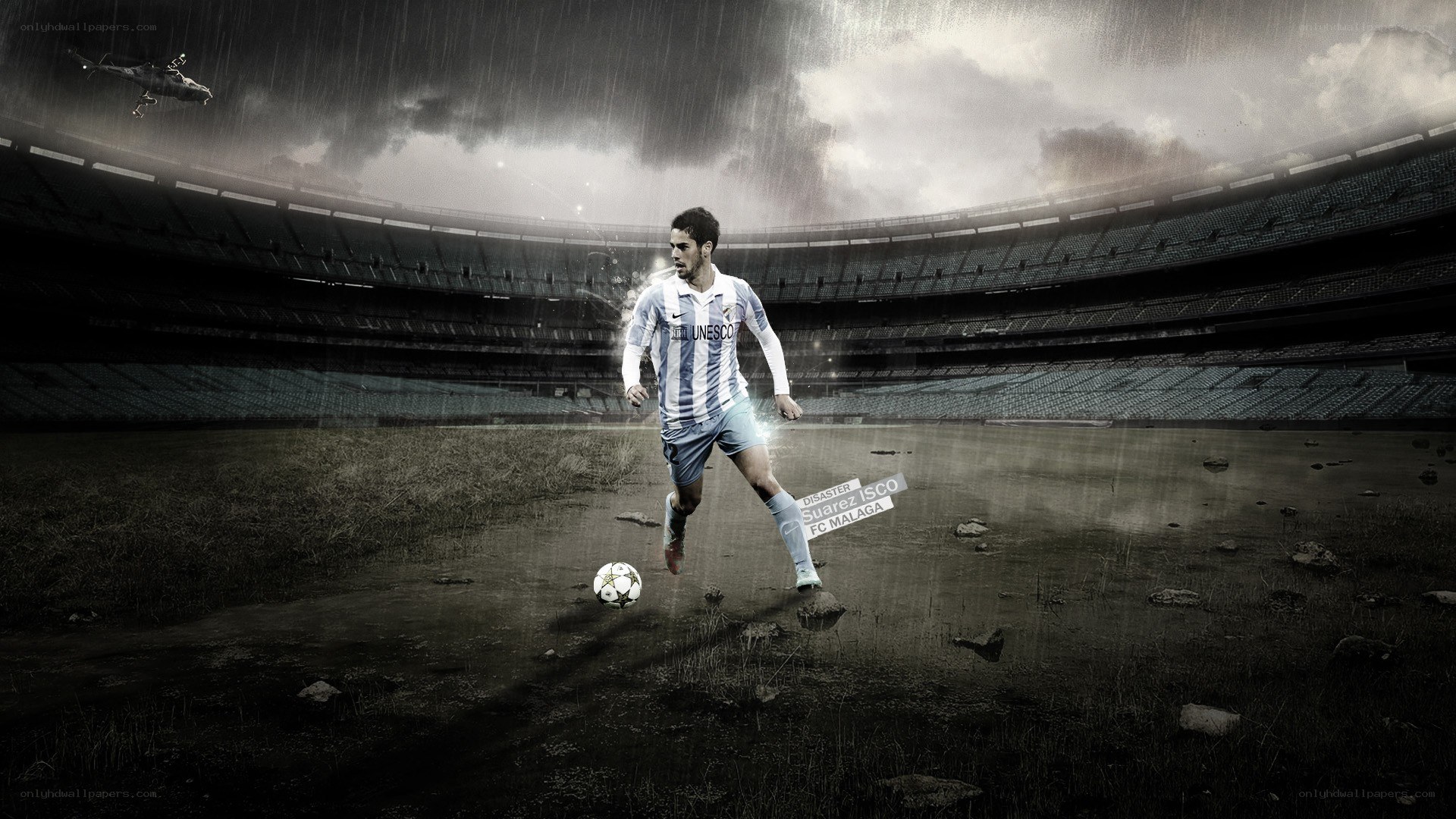 Soccer player in stormy stadium