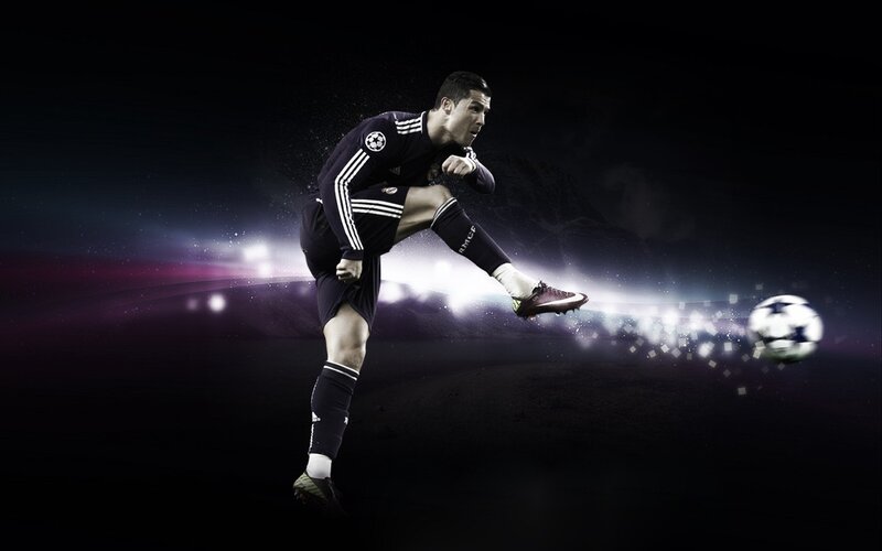 Soccer Player Kicking Ball — Black, Dramatic, Night, Photograph, Football