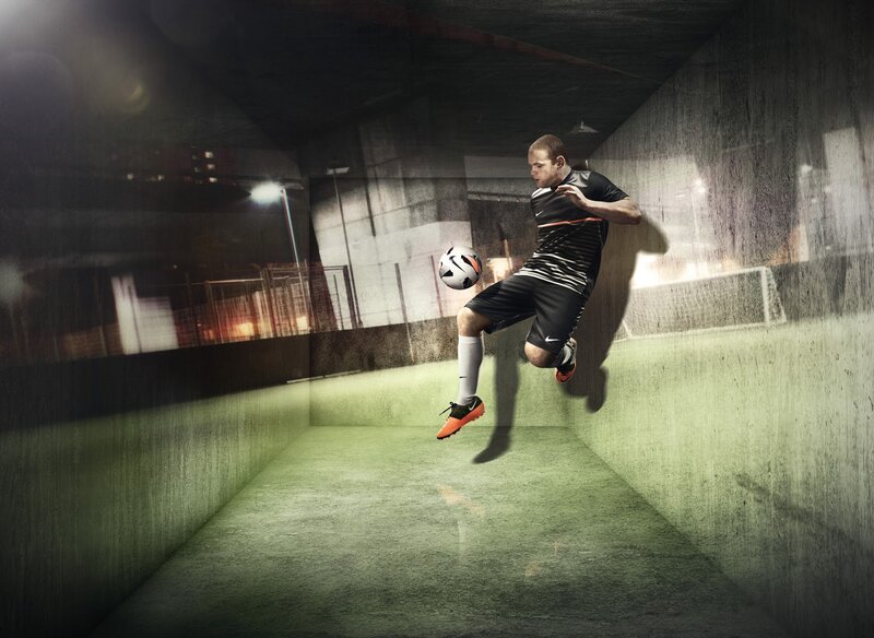 Soccer Player Kicking Ball — Black, Dramatic, Night, Photograph, Soccer Ball
