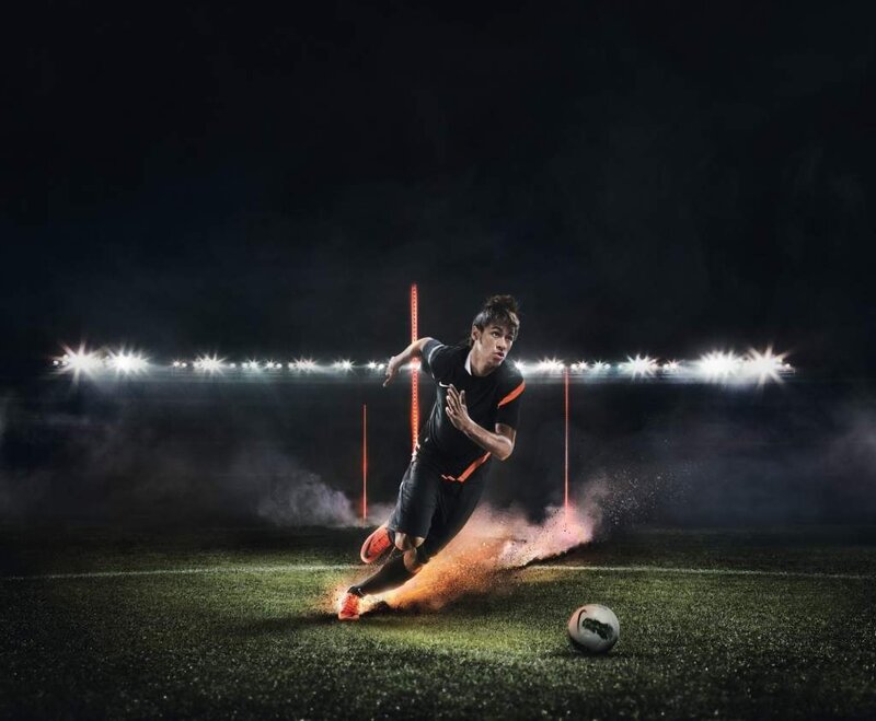 Soccer Player Kicking Ball — Black, Dramatic, Night, Photograph