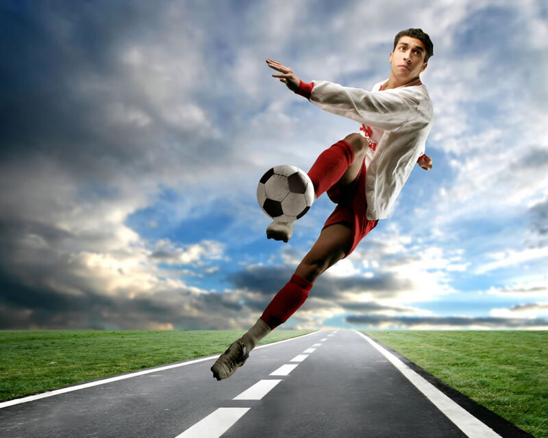 Soccer Player Kicking Ball — Green, Dramatic, Afternoon