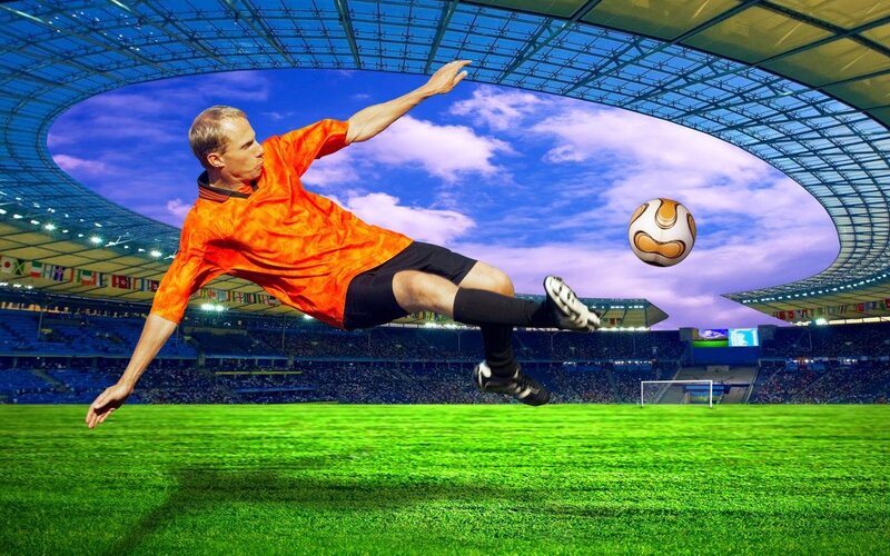 Soccer Player Kicking Ball — Green, Dynamic, Afternoon