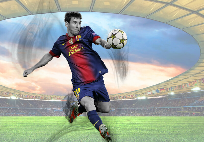 Soccer Player Kicking Ball — Green, Dynamic, Sunset
