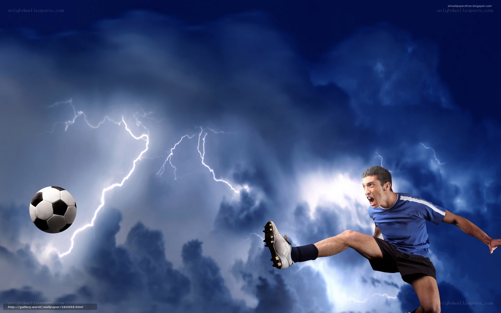 Soccer player kicking ball in storm