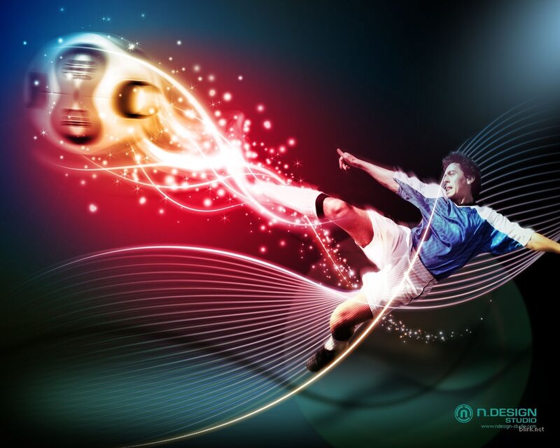 Soccer Player Kicking Ball — Red, Dramatic, Digital Art, Light Trails, Sparkles