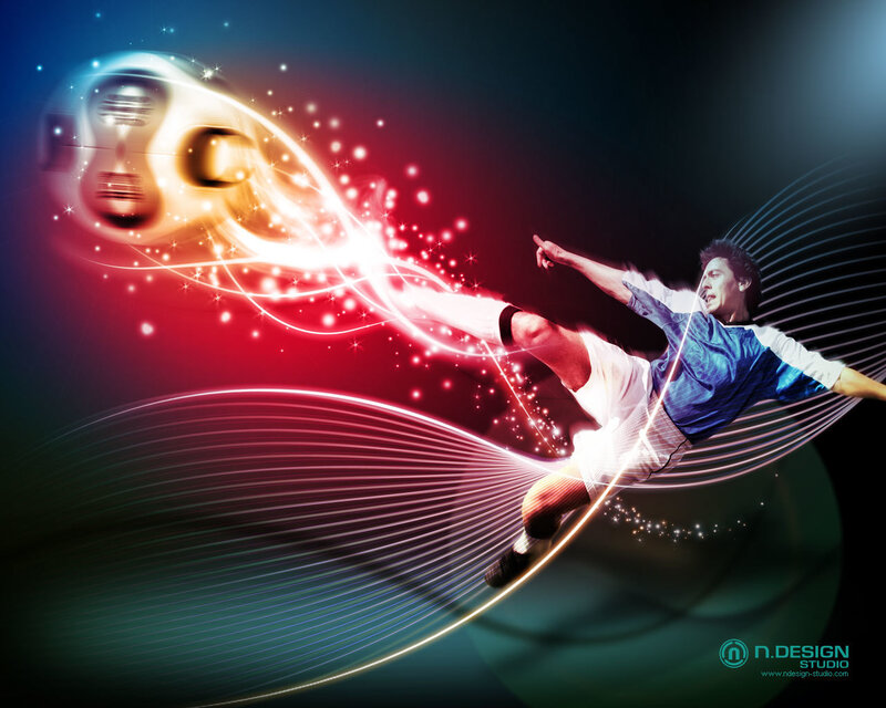 Soccer Player Kicking Ball — Red, Dynamic, Digital Art, Light Trails