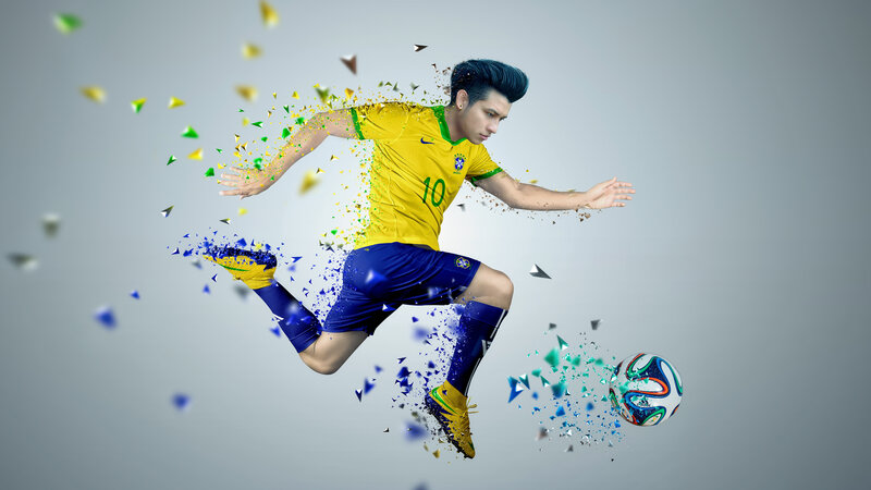 Soccer Player Kicking Ball — Yellow, Dynamic, Digital Art, Soccer Ball, Jersey