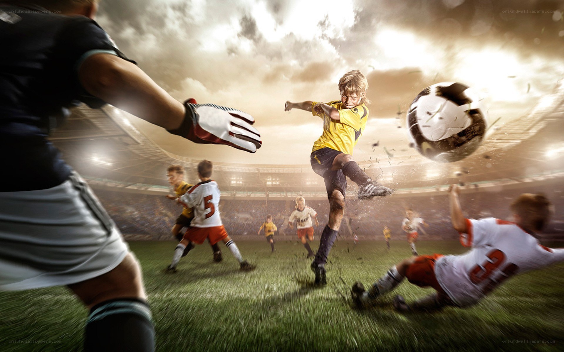 Soccer player kicks ball in stadium