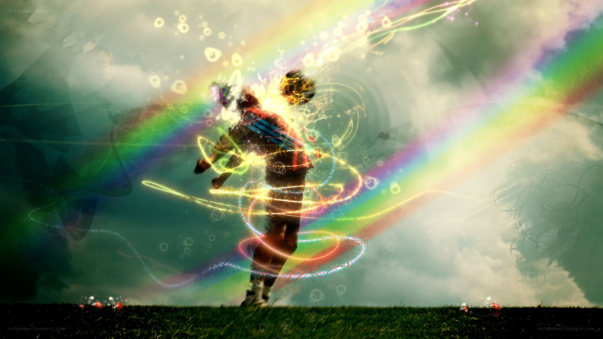Soccer player with rainbow energy