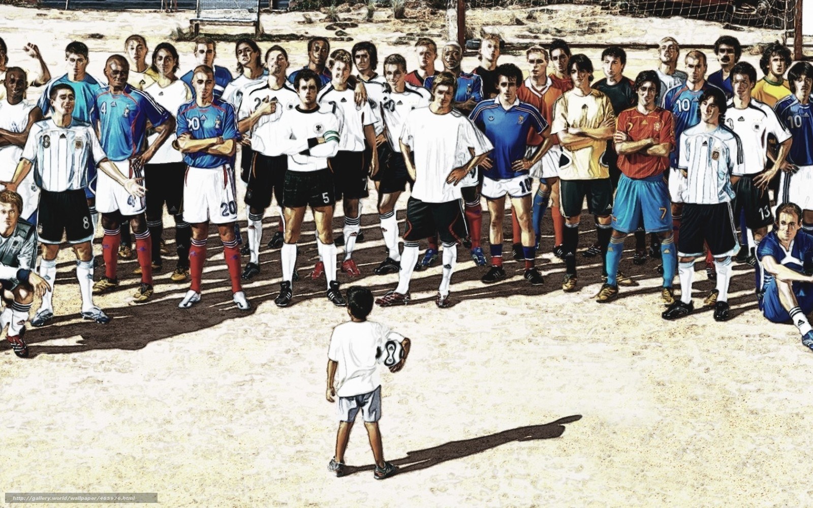 Soccer players and a child