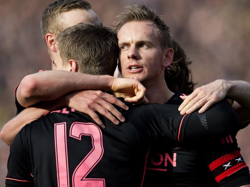 Soccer Players Hugging — Black, Celebratory