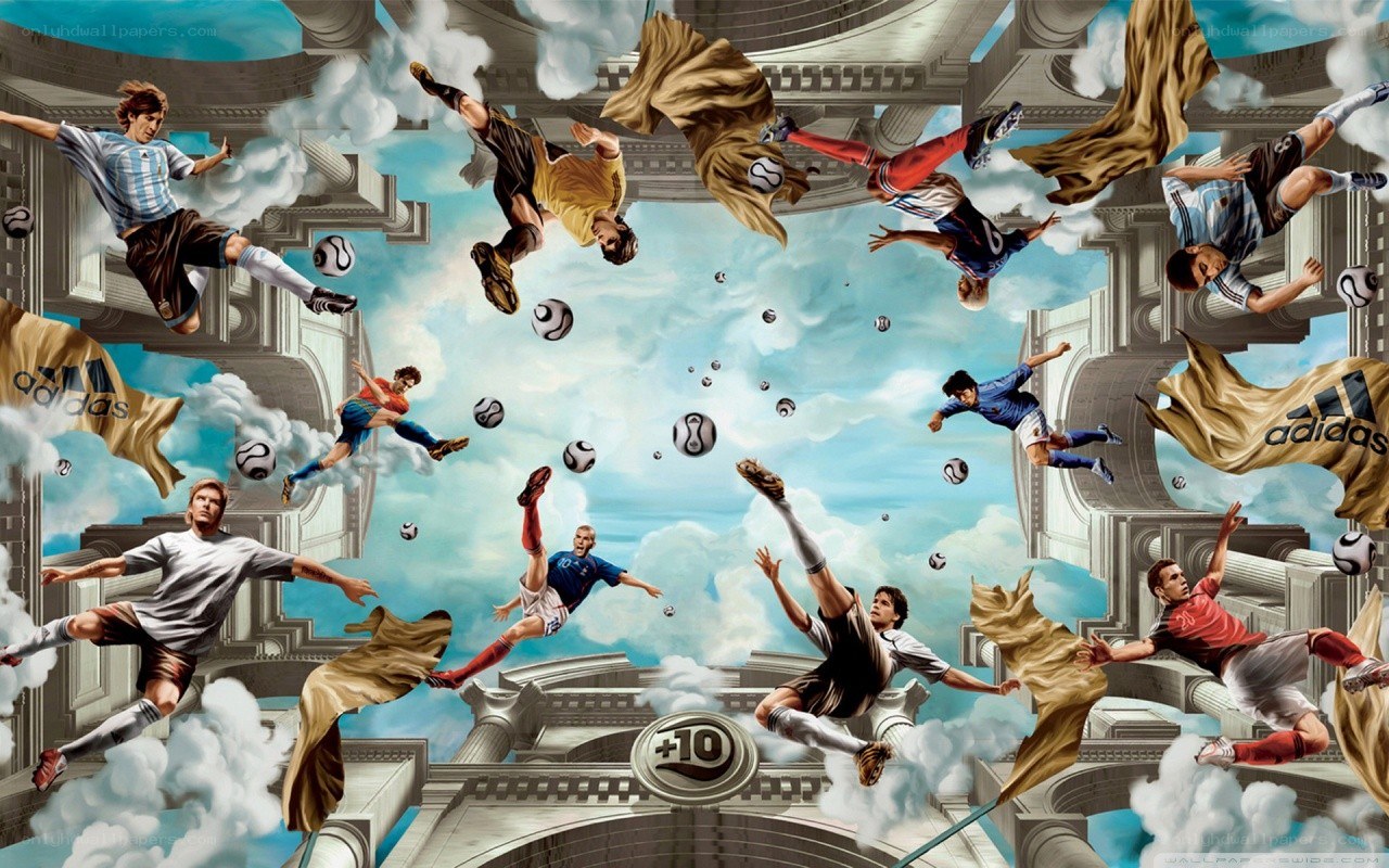 Soccer players in a dreamlike sky