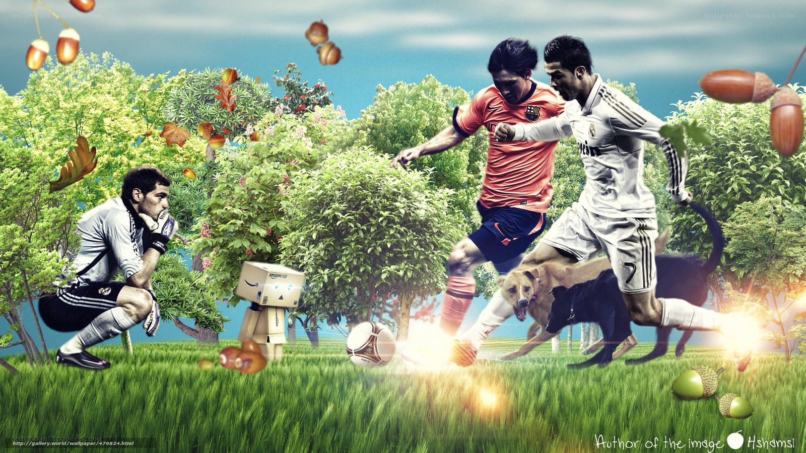 Soccer players in a surreal forest
