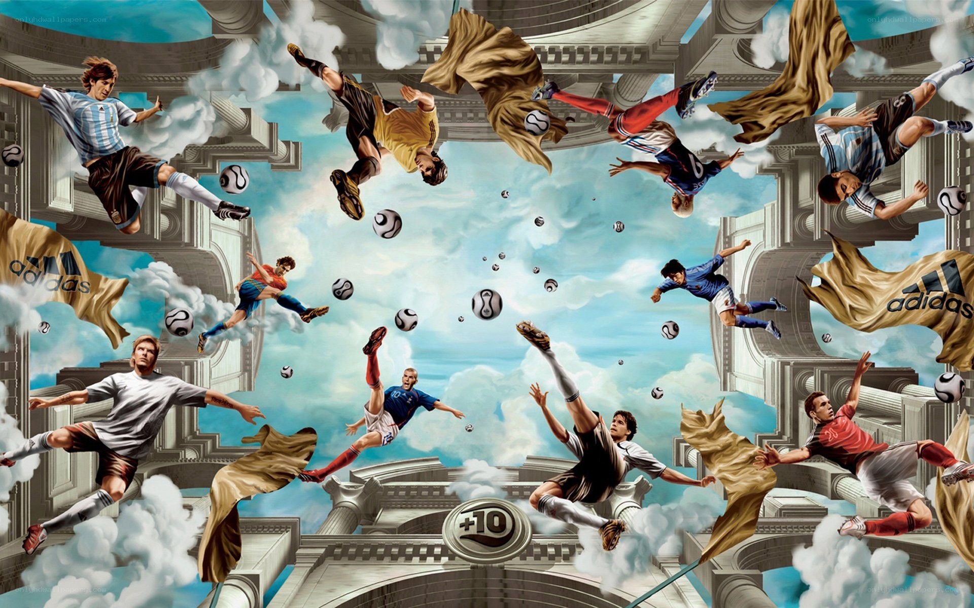 Soccer players in a surreal sky