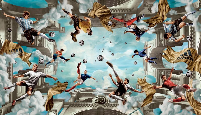 Soccer players in a surreal sky