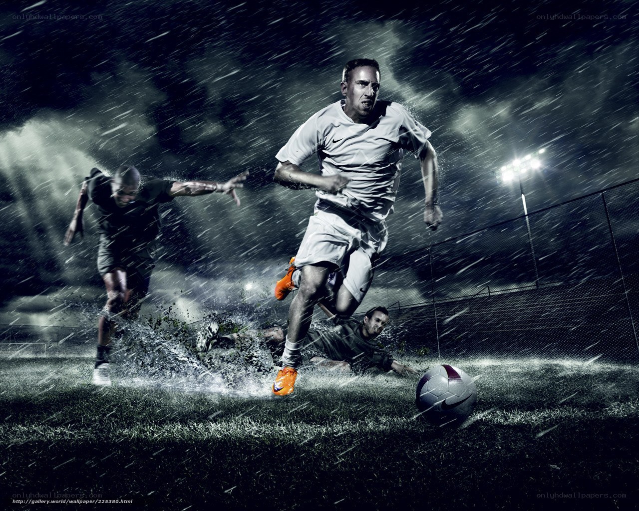 Soccer players in rain