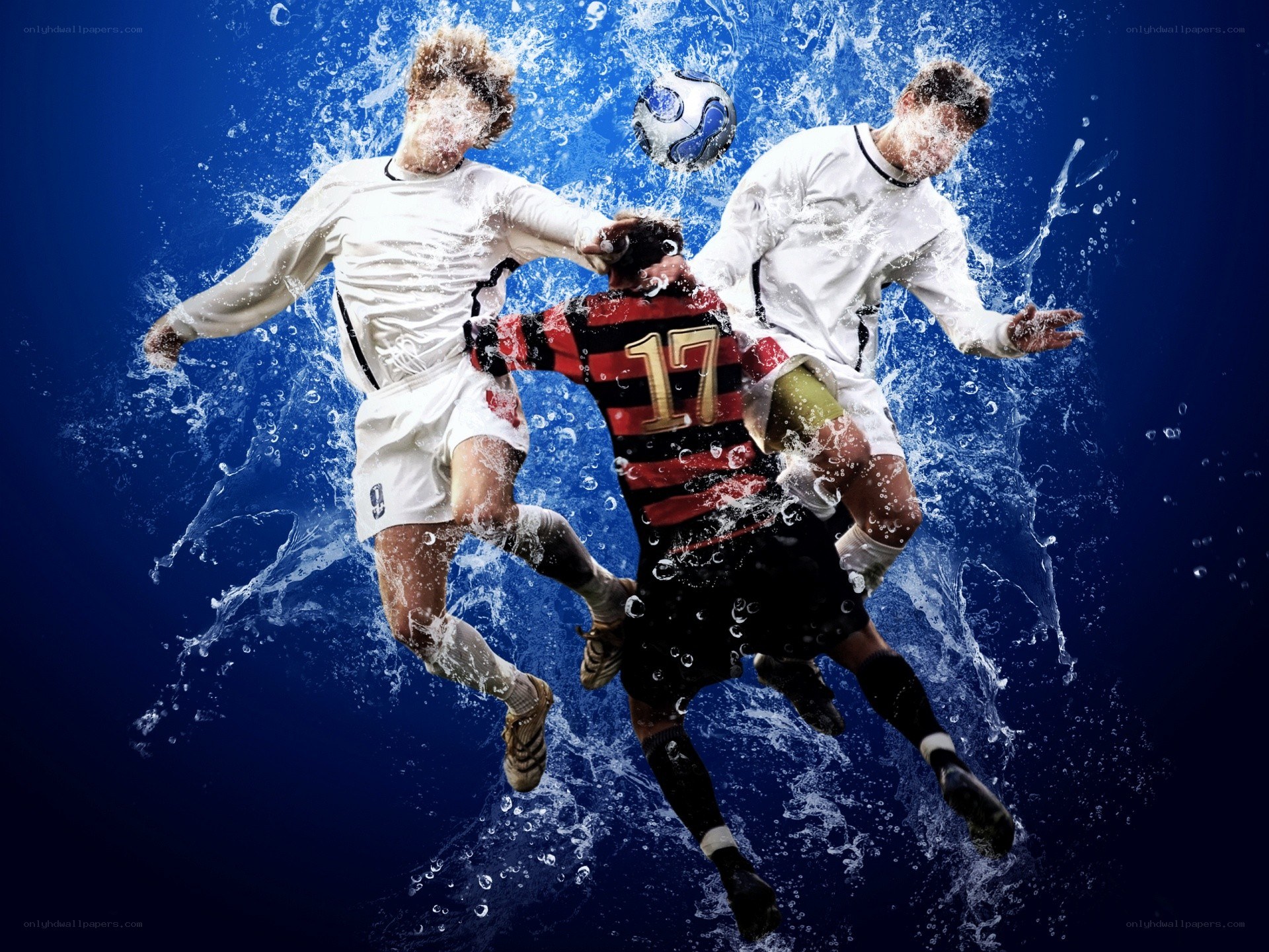 Soccer players in water splash