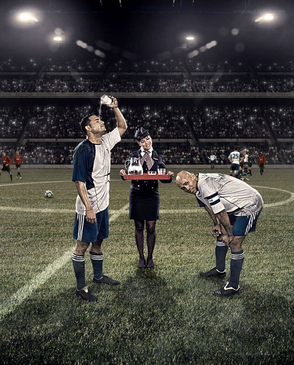 Soccer players served by flight attendant