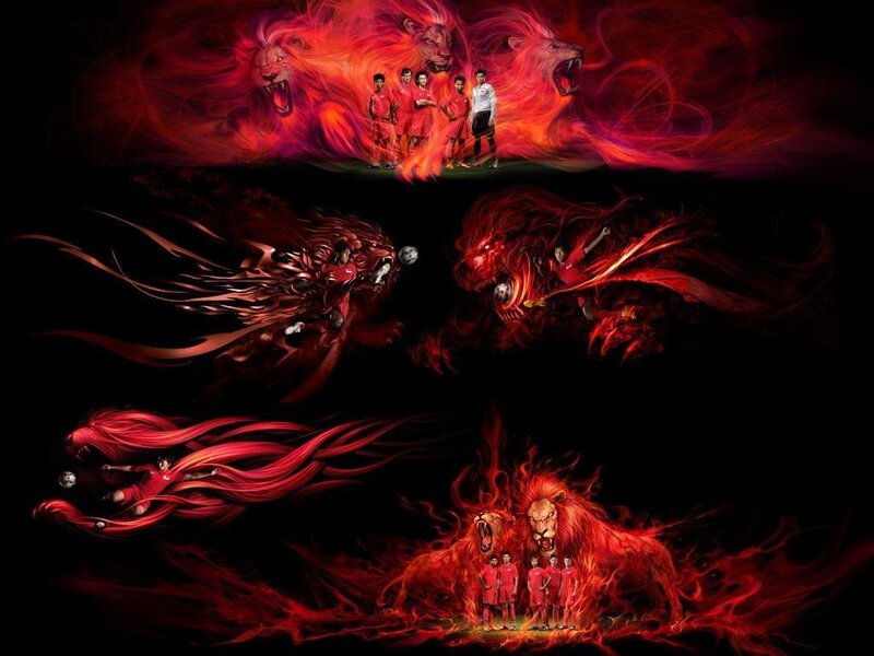 Soccer players with fiery lions